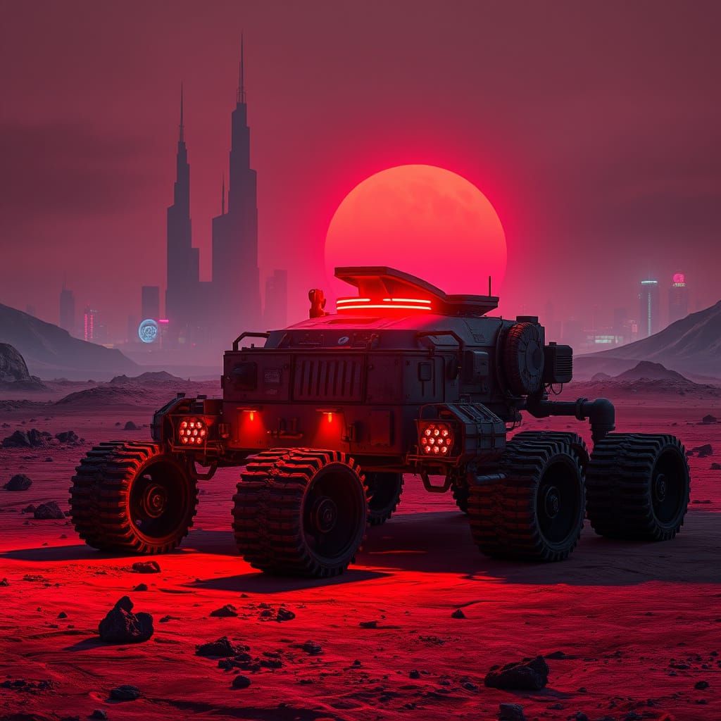 Cyberpunk Mars Rover on Barren Crimson Landscape
