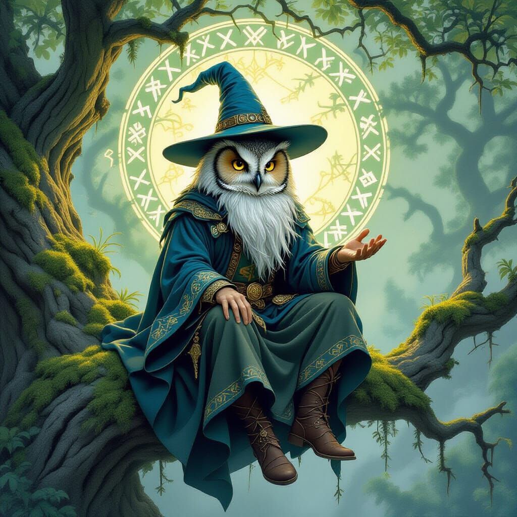 Wizard as Owl in Whimsical Fantasy Art