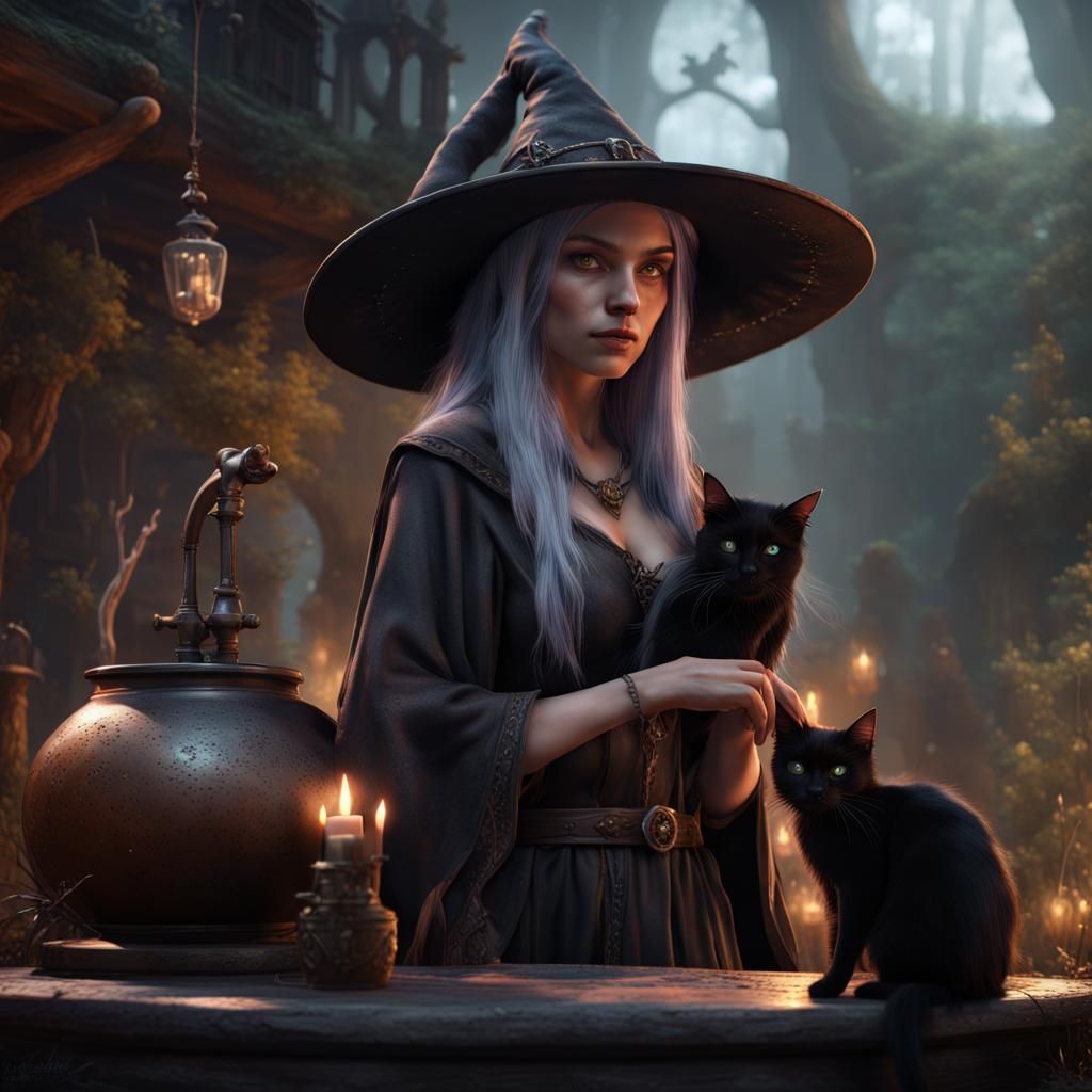 Enchanting Elf Witch with Cauldron, Detailed Matte Painting