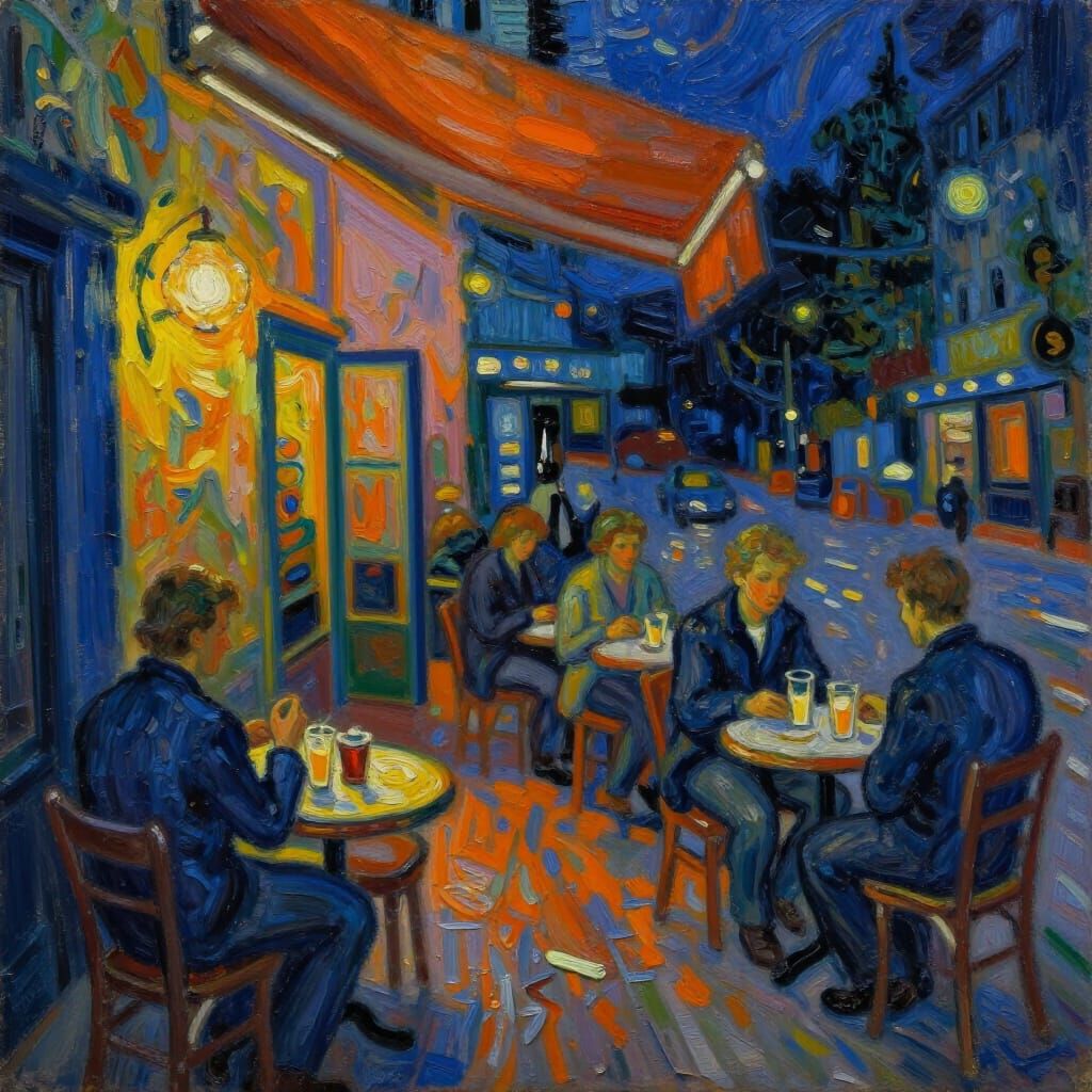 Atmospheric Cafe at Night in Impressionistic Oil Style