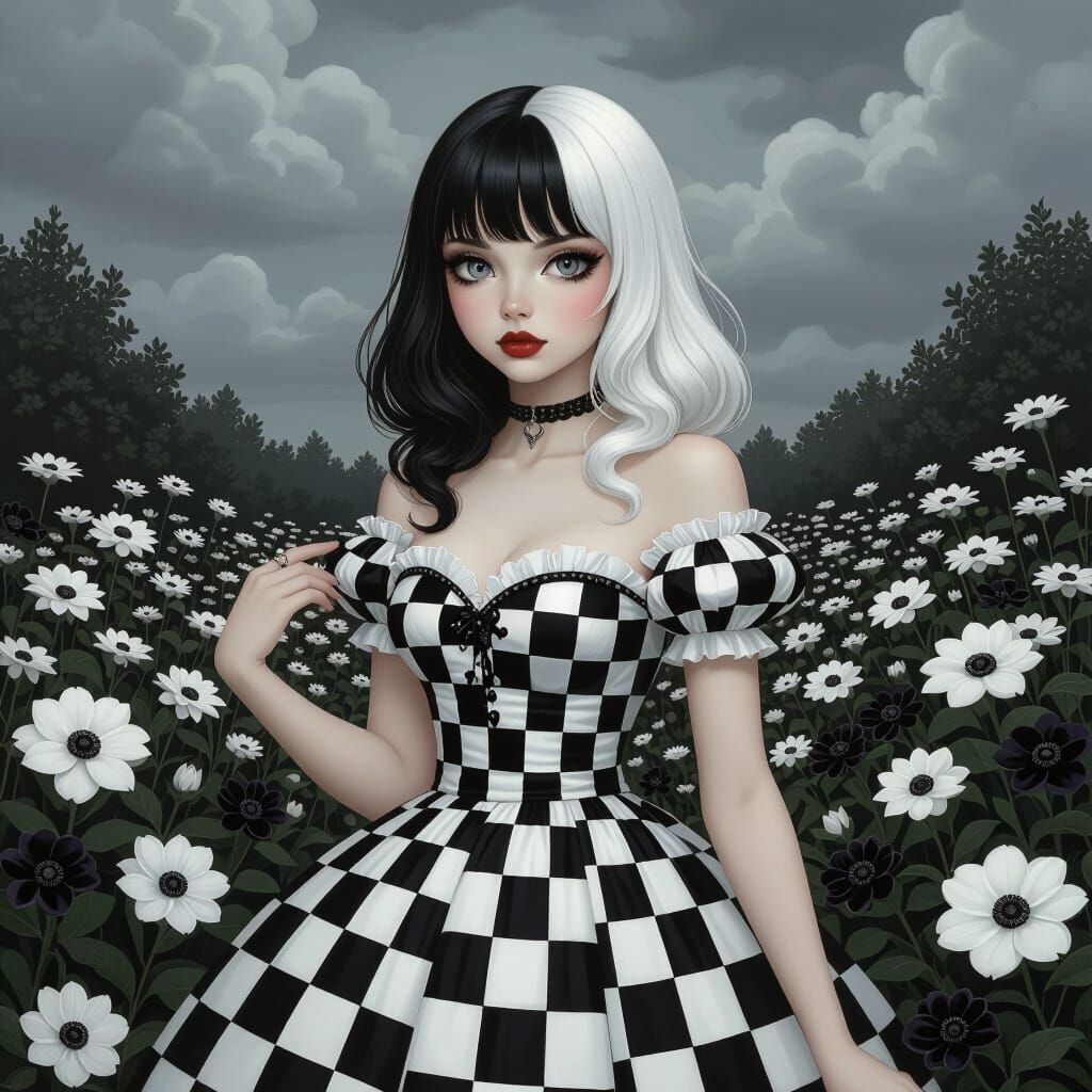 Coquette Woman with Half Black White Hair in Garden
