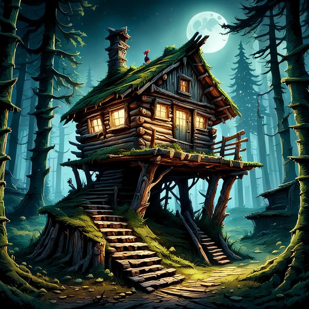 Hut on Chicken Legs in Forest Clearing