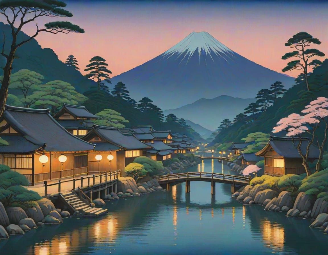 Serene Japanese Village at Twilight in Ukiyo-E Style