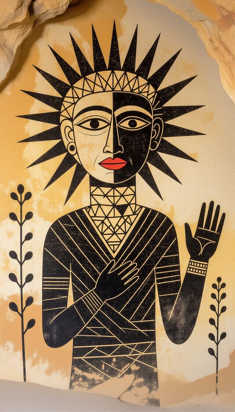 Primal Sun Deity Cave Drawing in Basquiat Style