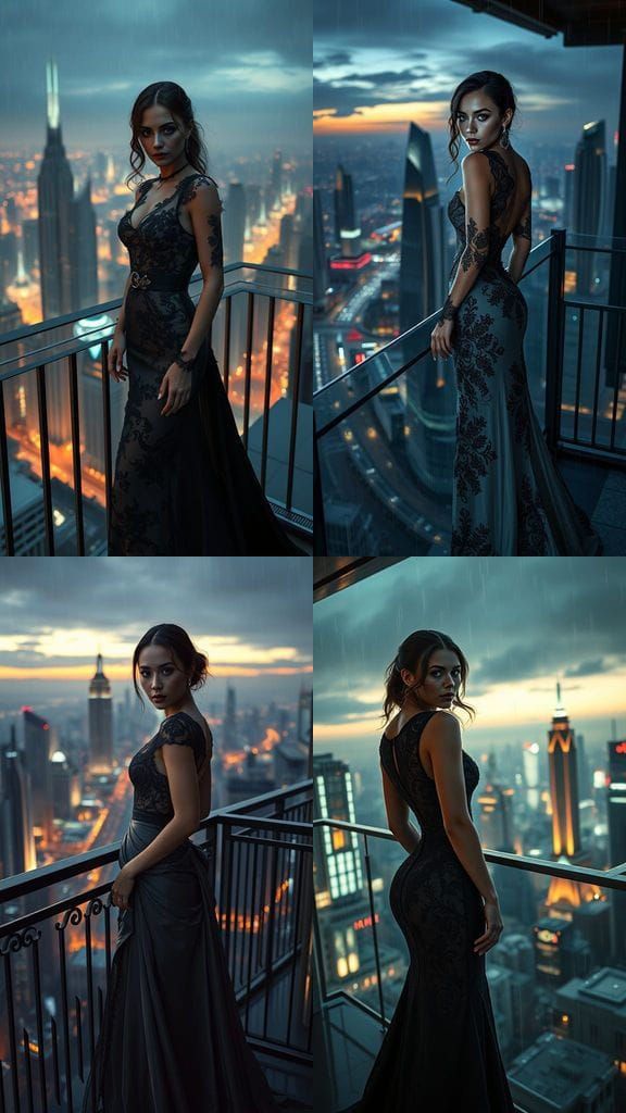 Elegant Woman on Balcony in Futuristic Cityscape