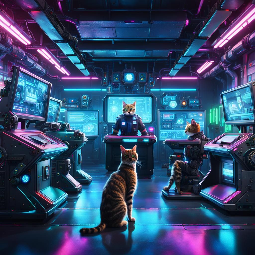 Cyberpunk Robot Cat Reporters in a Futuristic Police Station