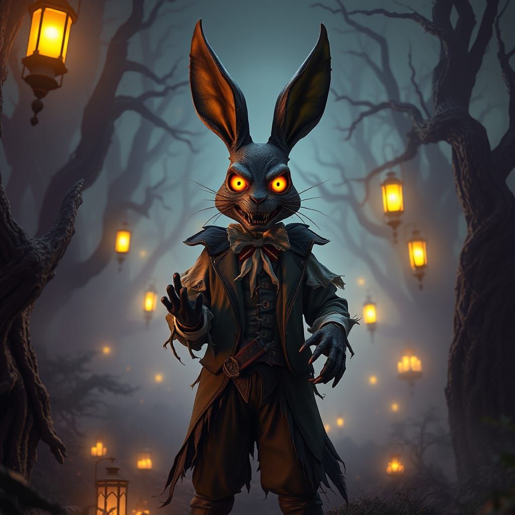 Malevolent Easter Bunny in Dark, Victorian-Era Attire