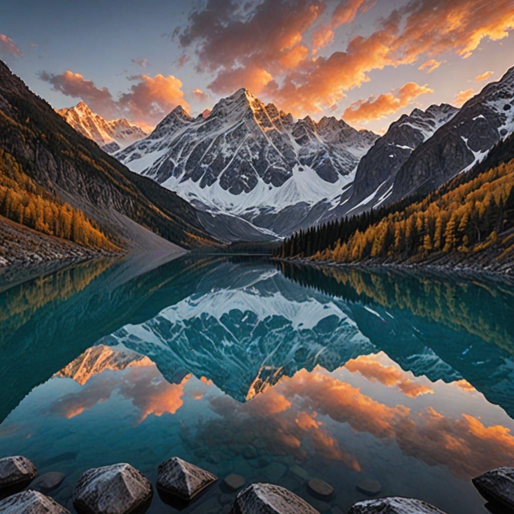 Mountain Landscape at Sunrise with Reflecting Lake