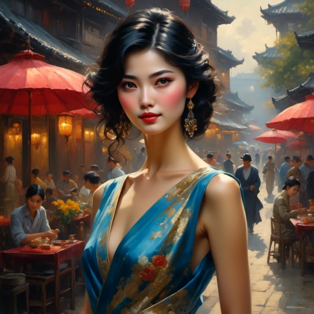 Elegant Japanese Woman with Flowing Black Hair