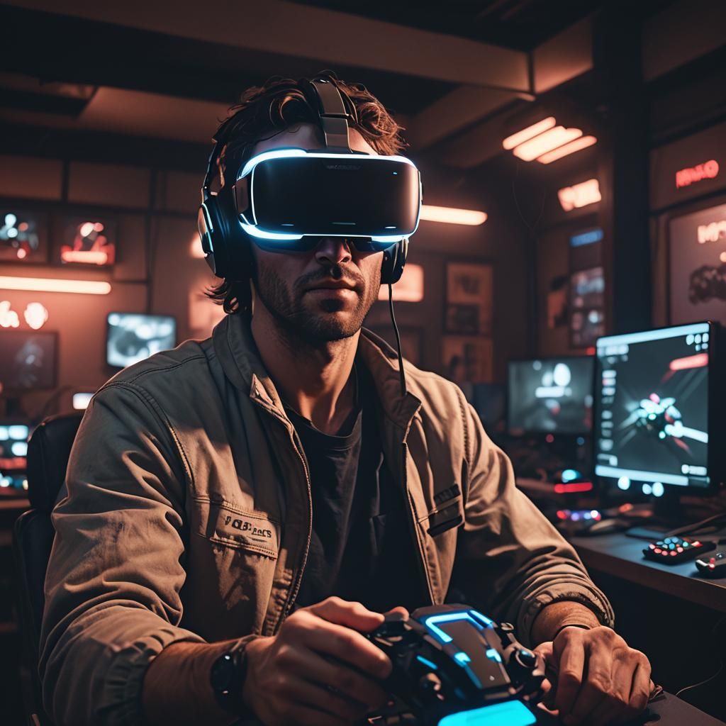 VR Gamer Immersed in Neon Racing World