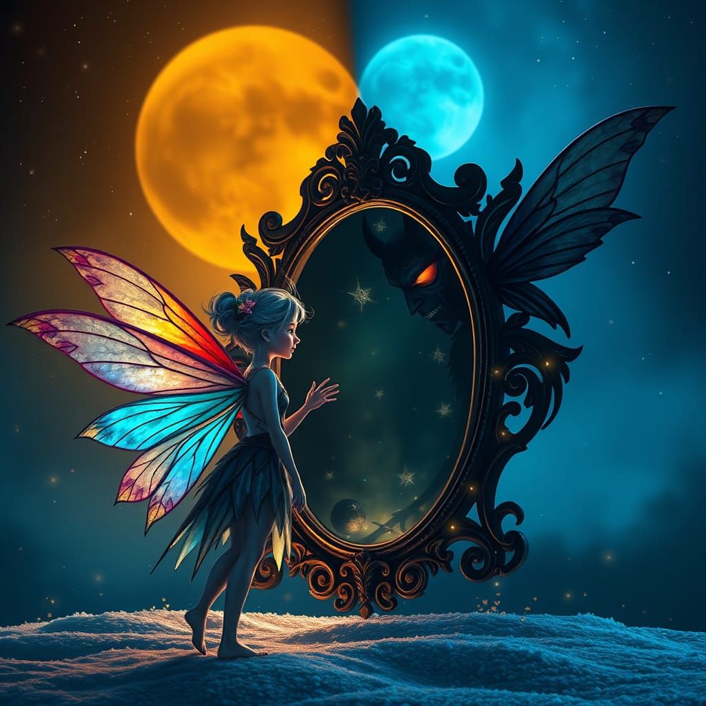 Fairy Reflections in Ethereal Moonlit Fantasy Scene
