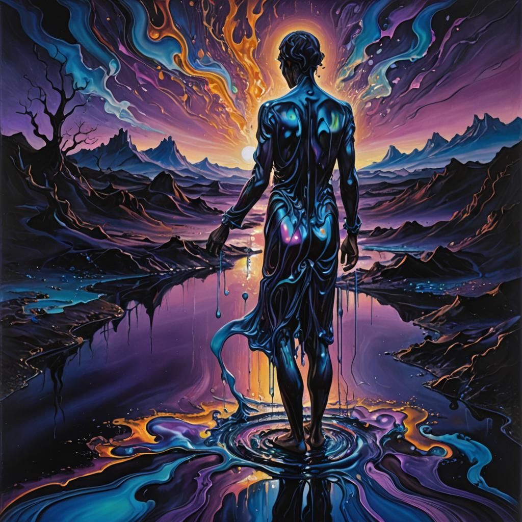 Glowing Figure in Iridescent Surreal Landscape