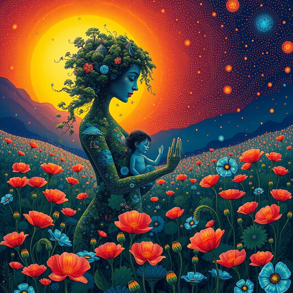 Mother of Vibrant Ecosystems Embracing Cosmic Child in Dream...