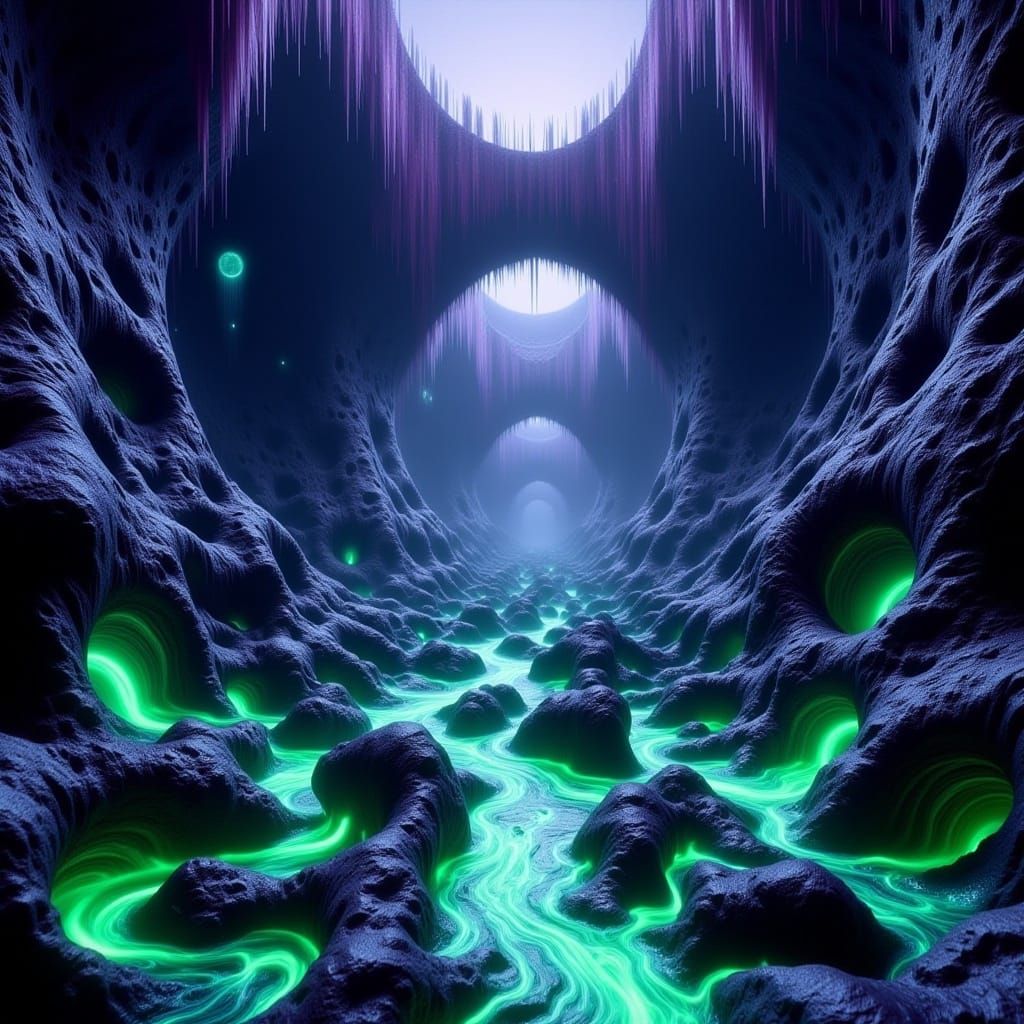 Surreal Alien Landscape with Flowing Green Fluid