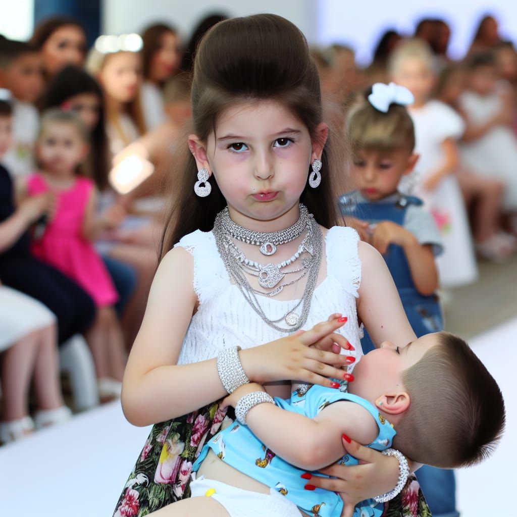 Girl Model Soothes Toddler at Fashion Show