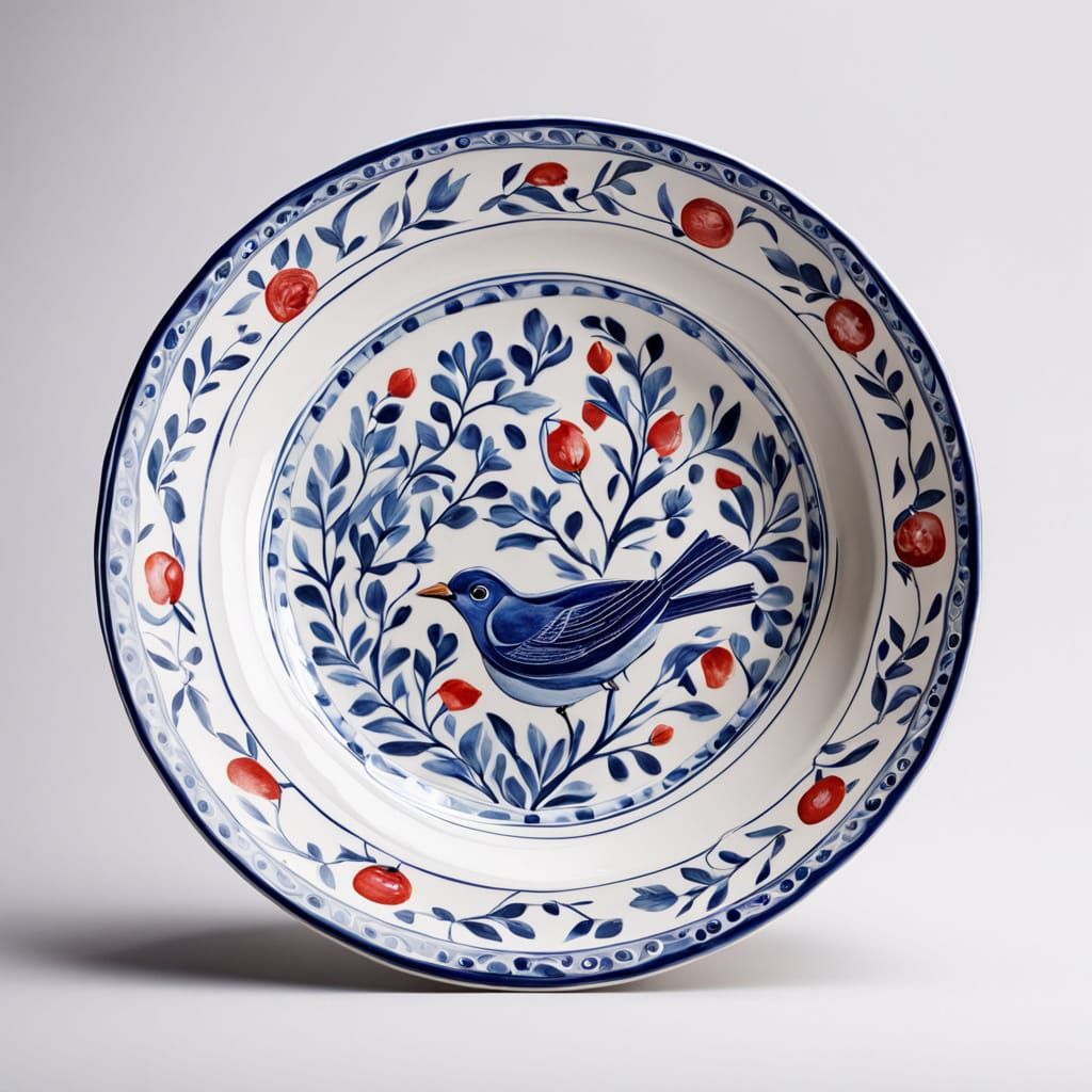 Bolesławiec Pottery: Blue Birds on Red Branches