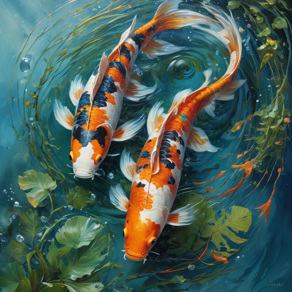 Koi Fish in Oil Painting with Triadic Colors