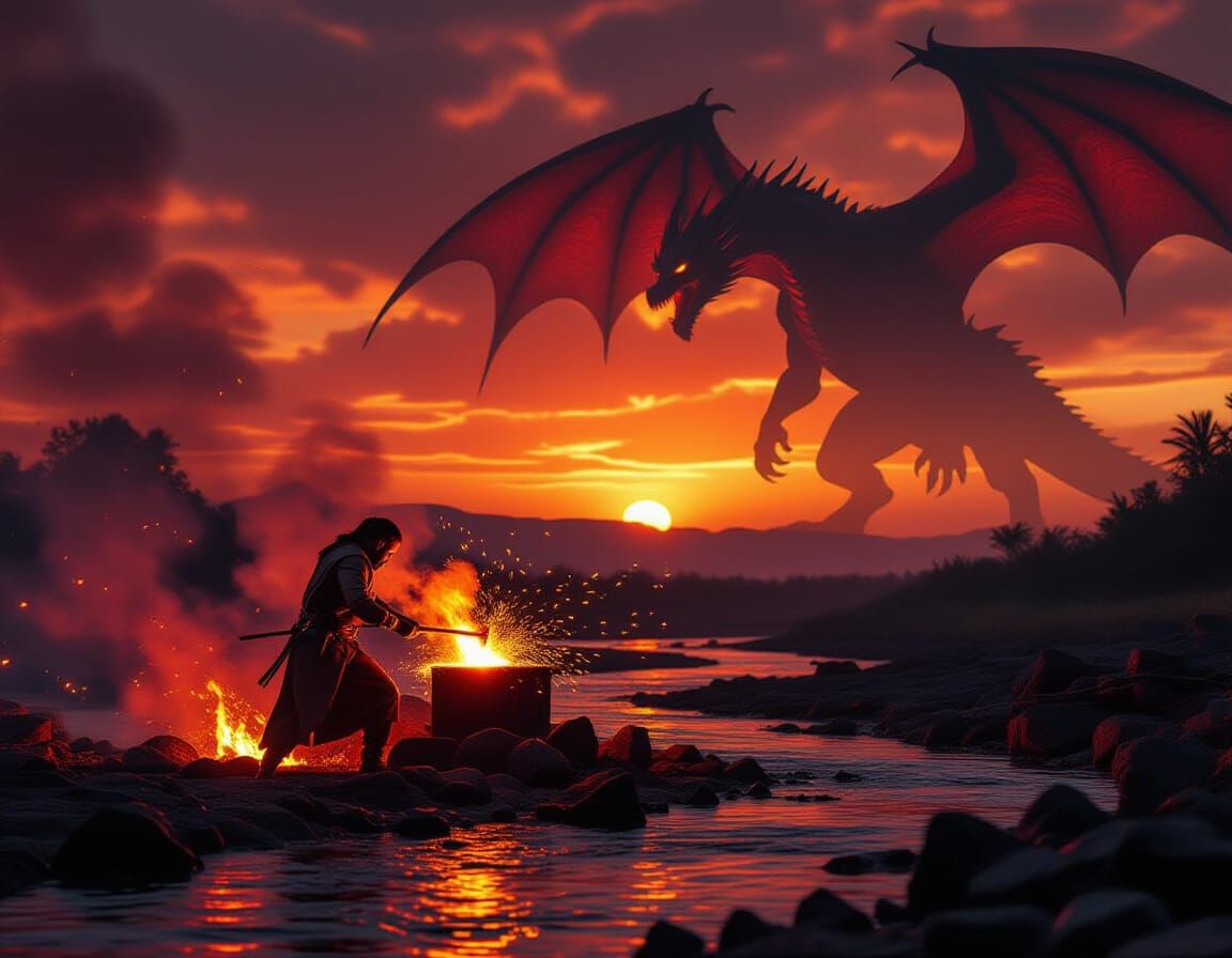 Blacksmith Forges Fiery Weapons with Dragon