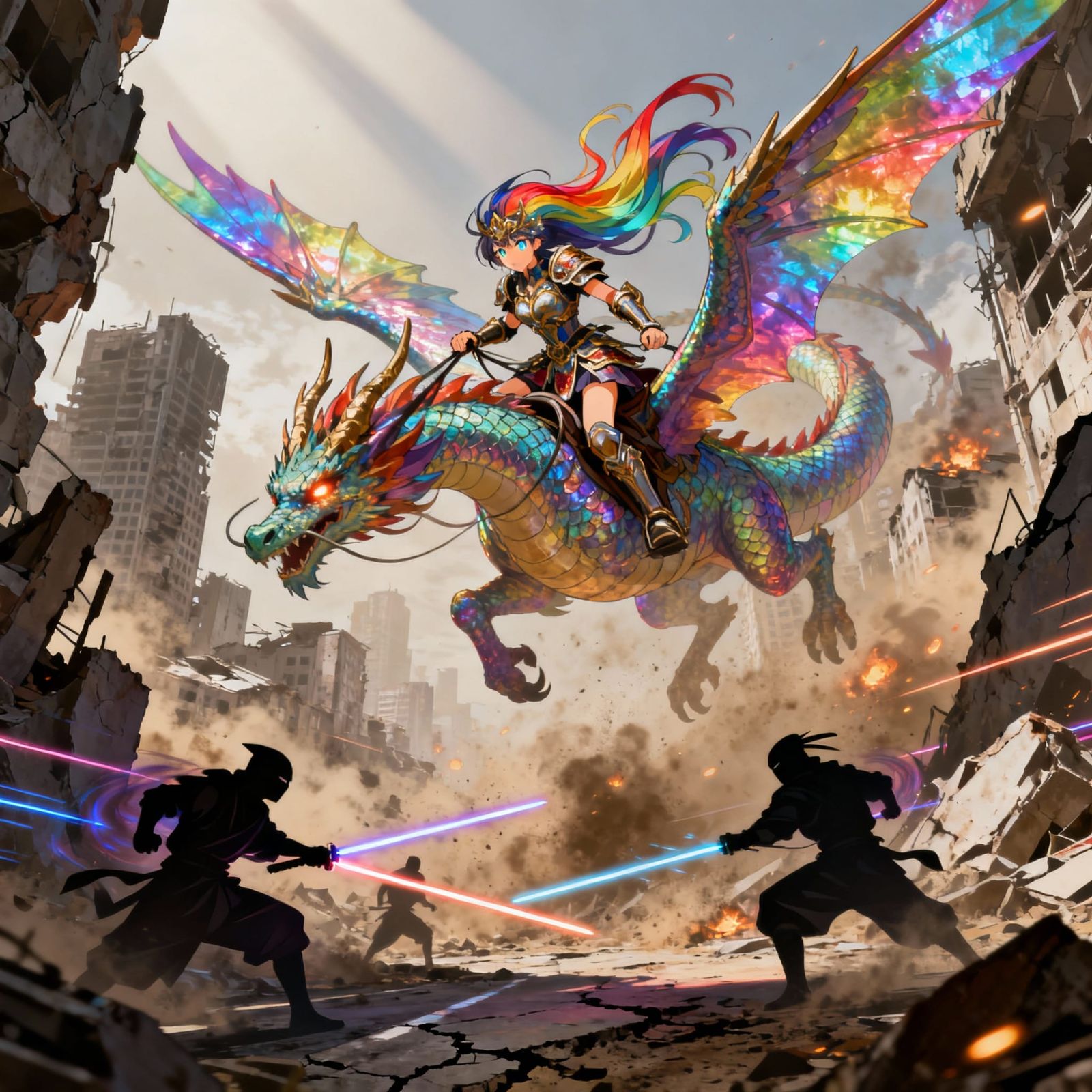 Anime Warrior Rides Rainbow Dragon Over Ruined City