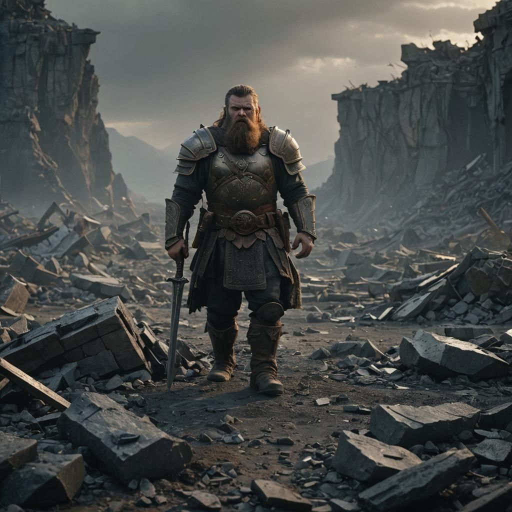 Dwarven Warrior Amid Shattered Battlefield Remains