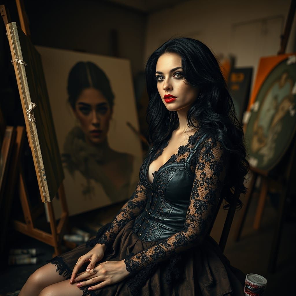 Elegant Woman Lost in Creative Expression in Moody Art Studi...