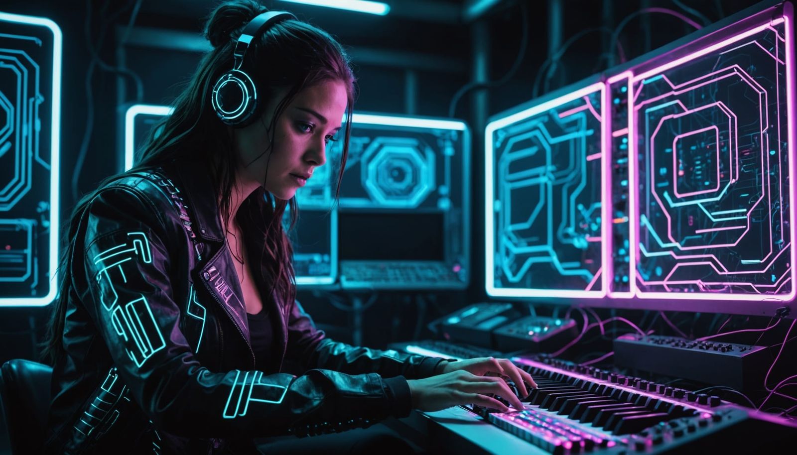 Cybernetic Musician in Neon-Lit Studio