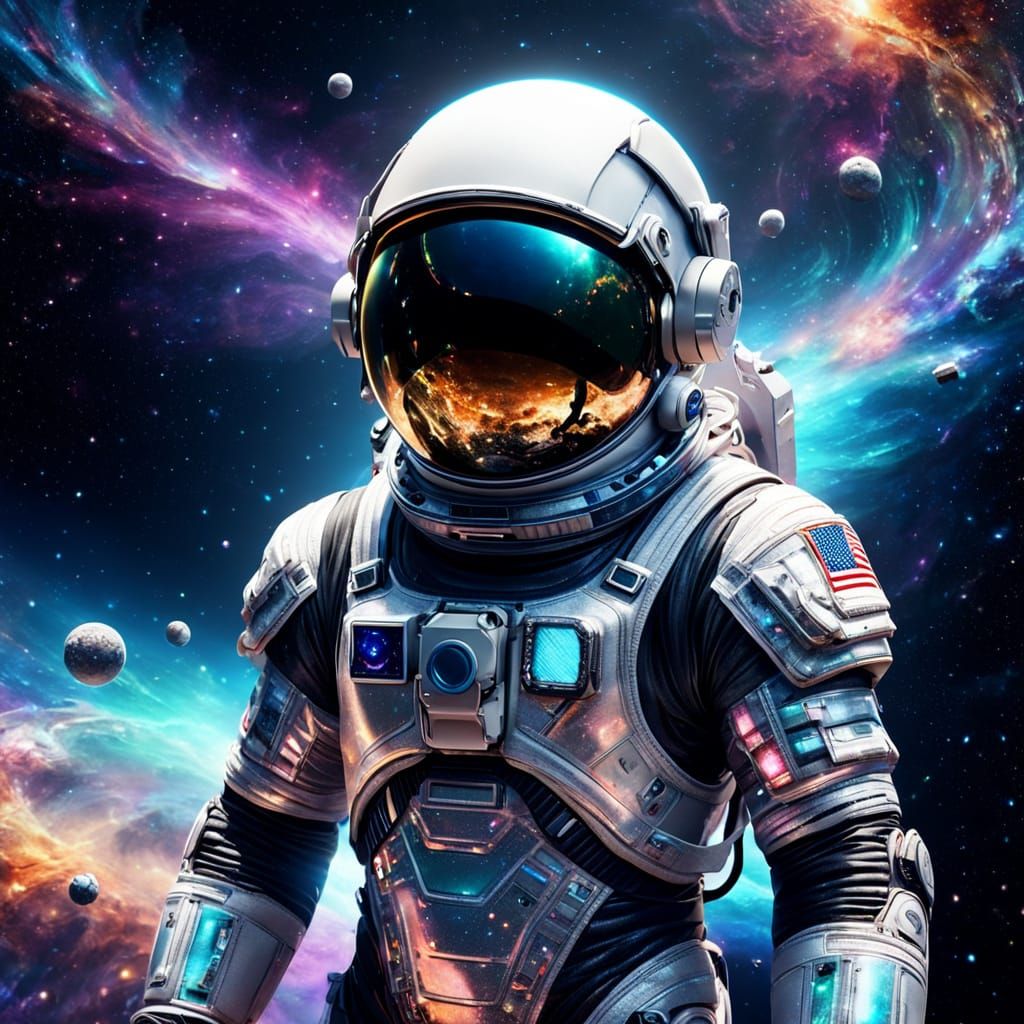 Astronaut in Holographic Suit Amidst Swirling Galaxies