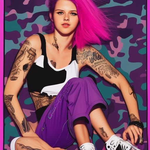 Purple-Haired Girl in Pop Art Style, Digital Art