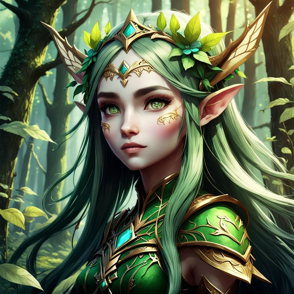 Majestic Forest Elf Queen in 3D Anime Style