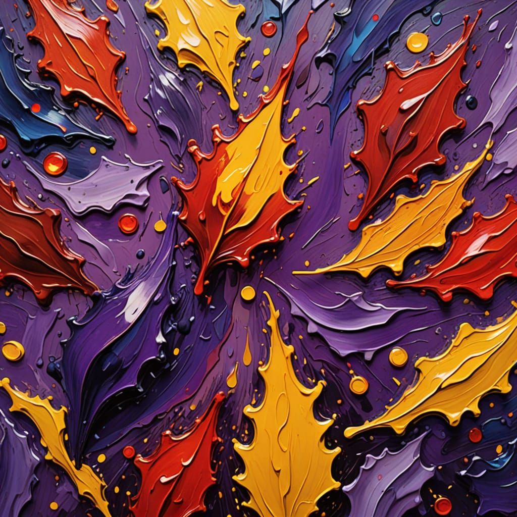 Vibrant Impasto Painting of a Massive Purple Drop in Red Rai...