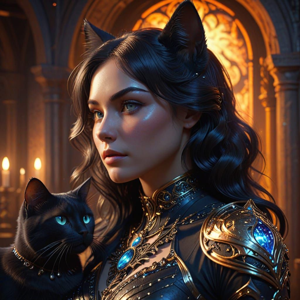 Mystical Maiden with Feline Companion in Enchanted Castle