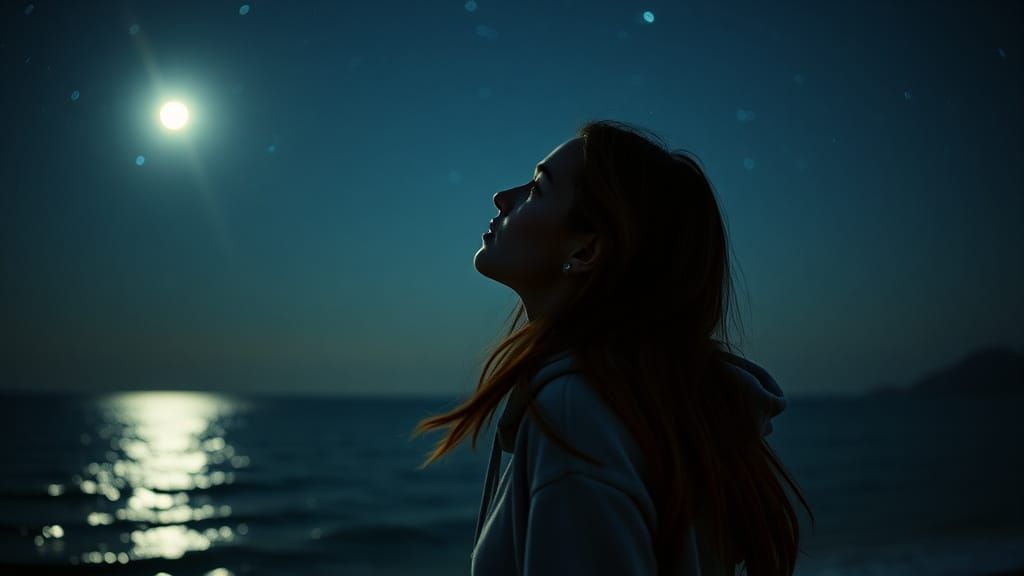 Woman Gazing at Starry Night Sky in Film Still