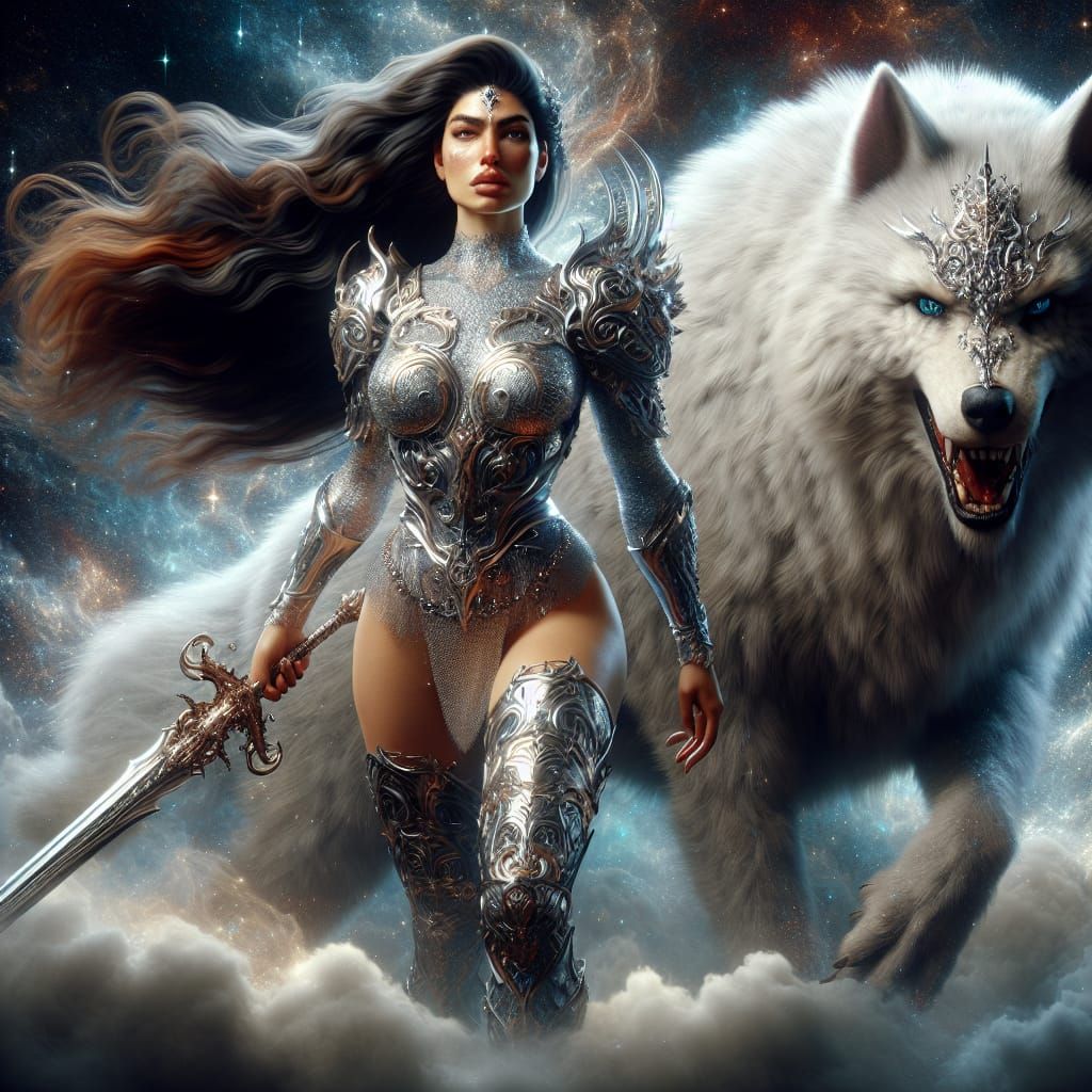 Warrior Woman with Wolf Companion in Digital Matte Painting