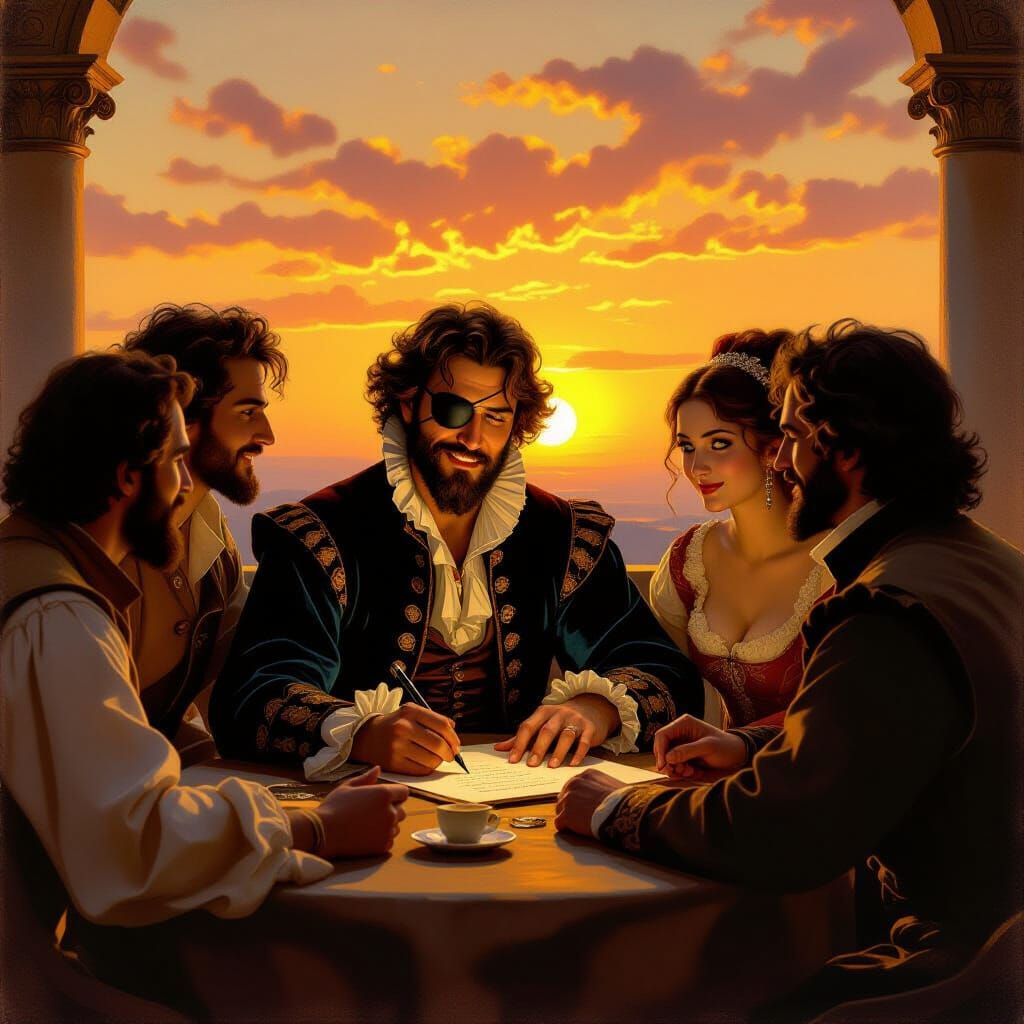 Poet Luís de Camões Writing Love Poem with Muse and Friends