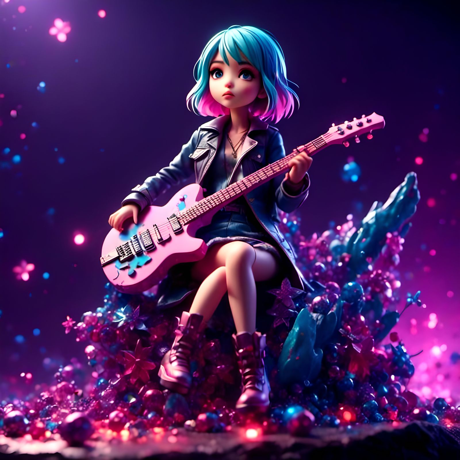 Chibi Woman on Electric Guitar in Cartoon Style