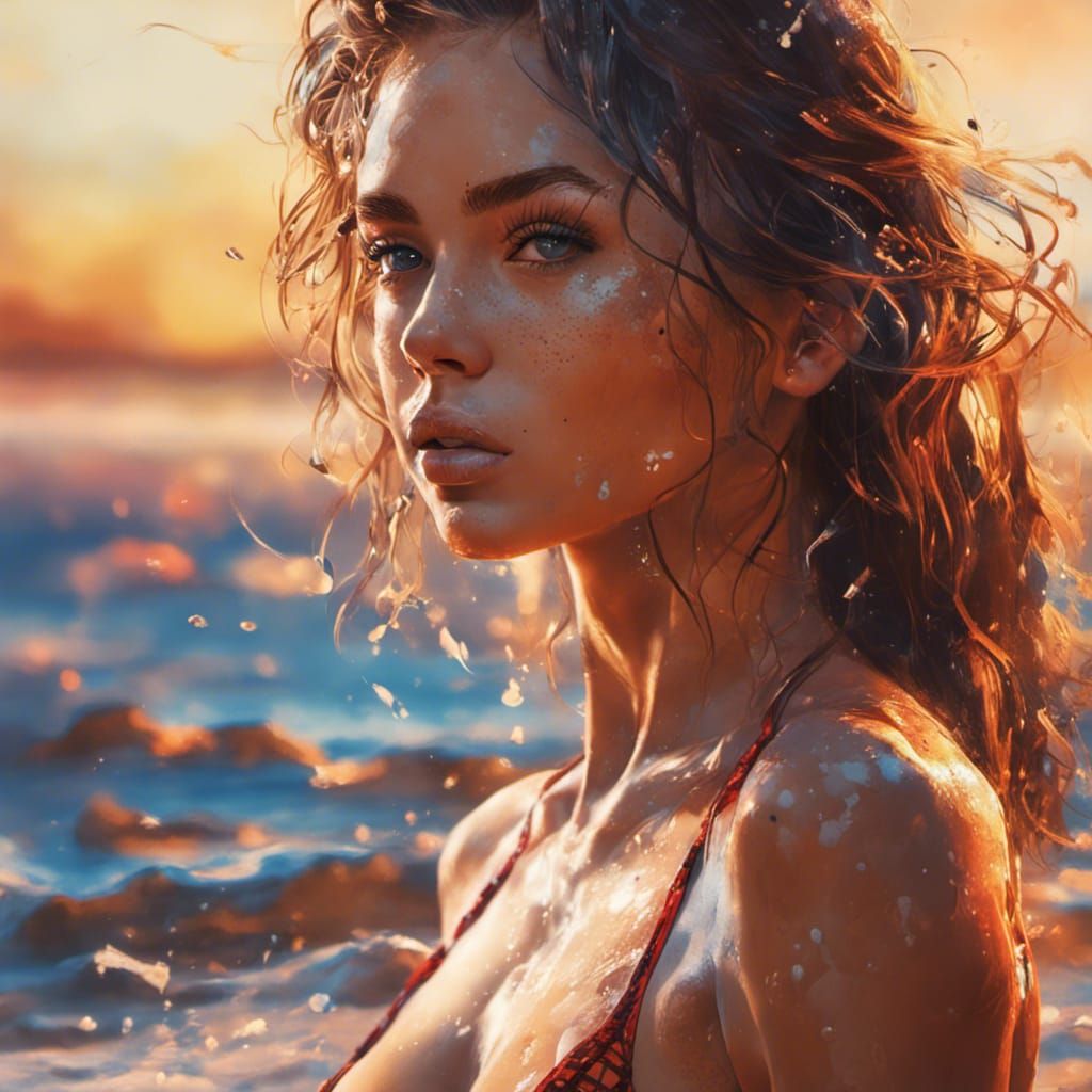 Hyperrealistic Bikini Girl Portrait in Splash Art Style