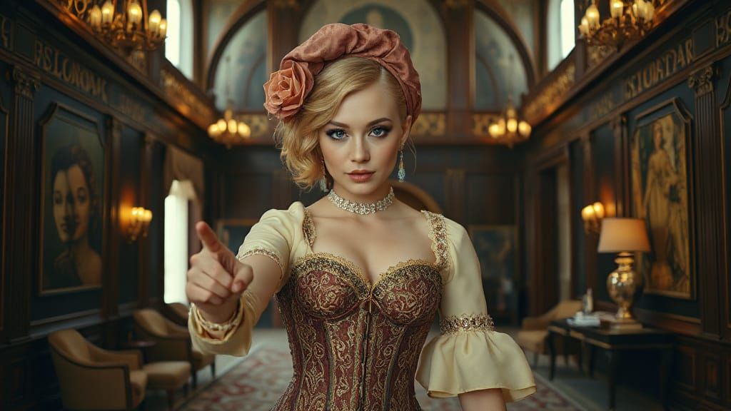 Albino Woman in Ornate Corset Points Finger