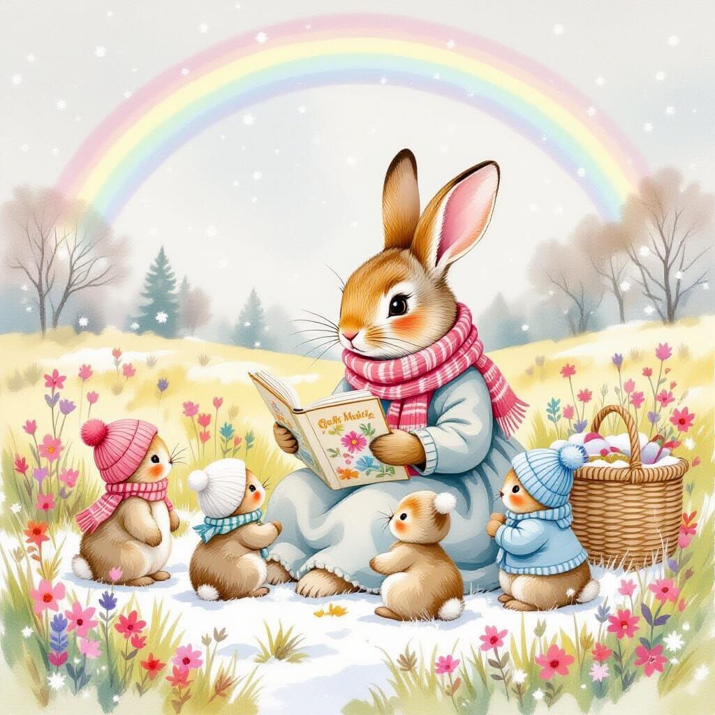 Rabbit Family Storytelling in Snowy Field, Watercolor Style