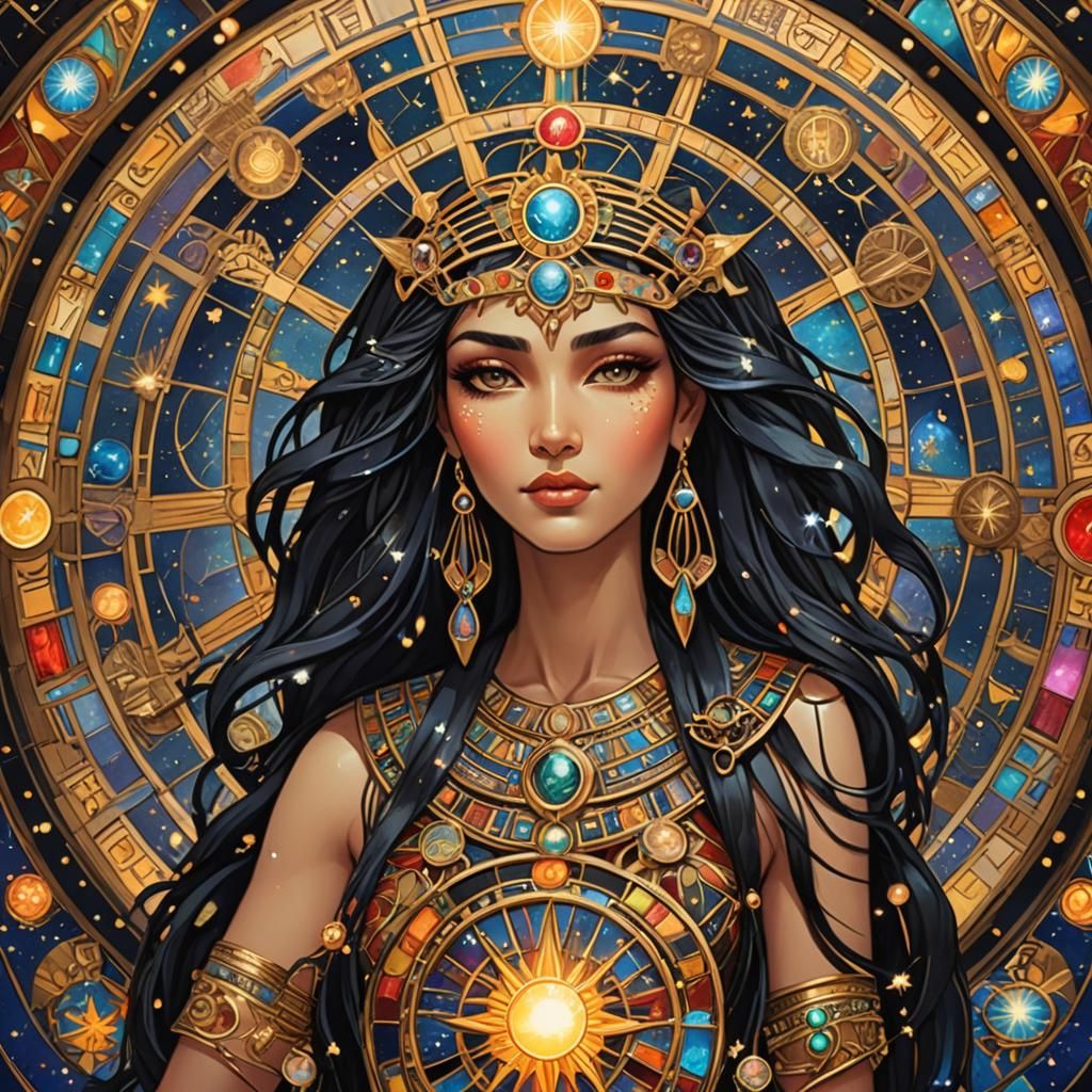 Art Nouveau Stars Goddess with Zodiac Wheel