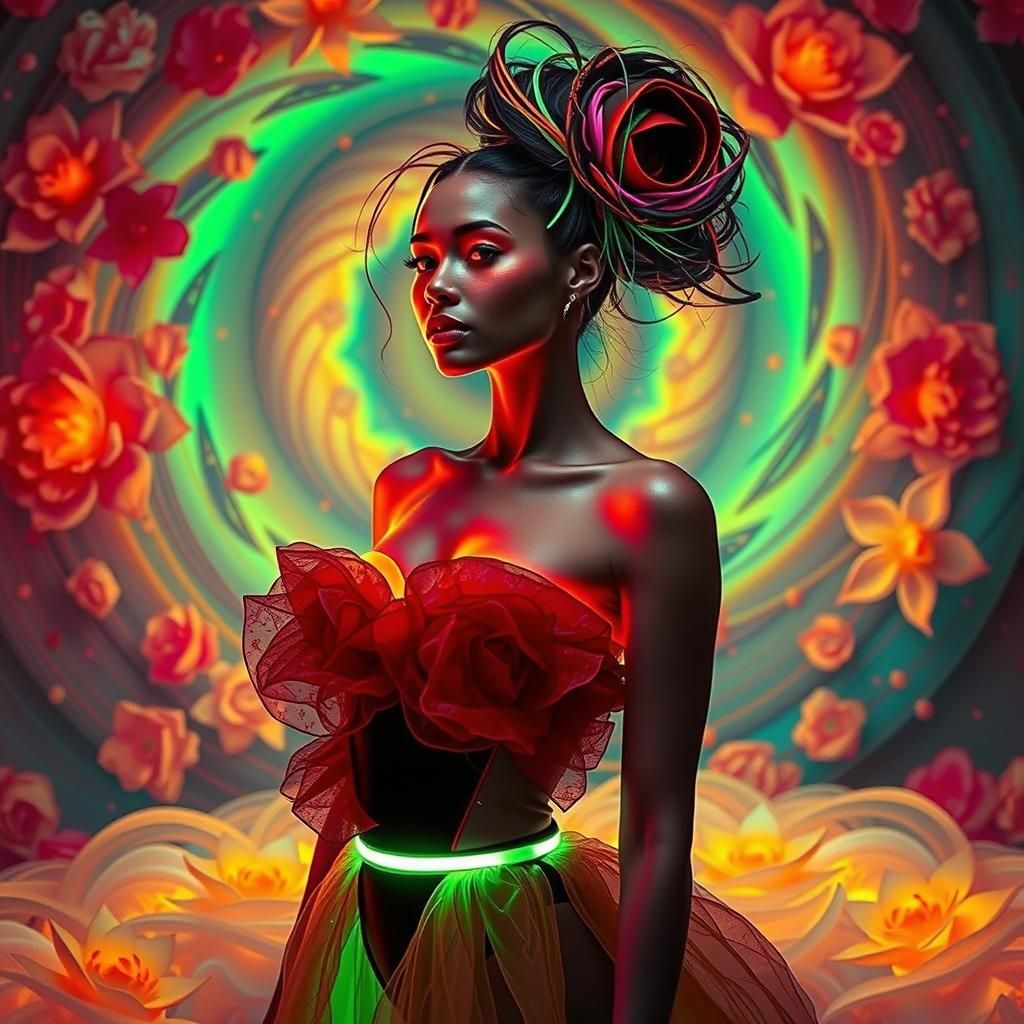 Futuristic Model in Fluorescent Floral Digital Art