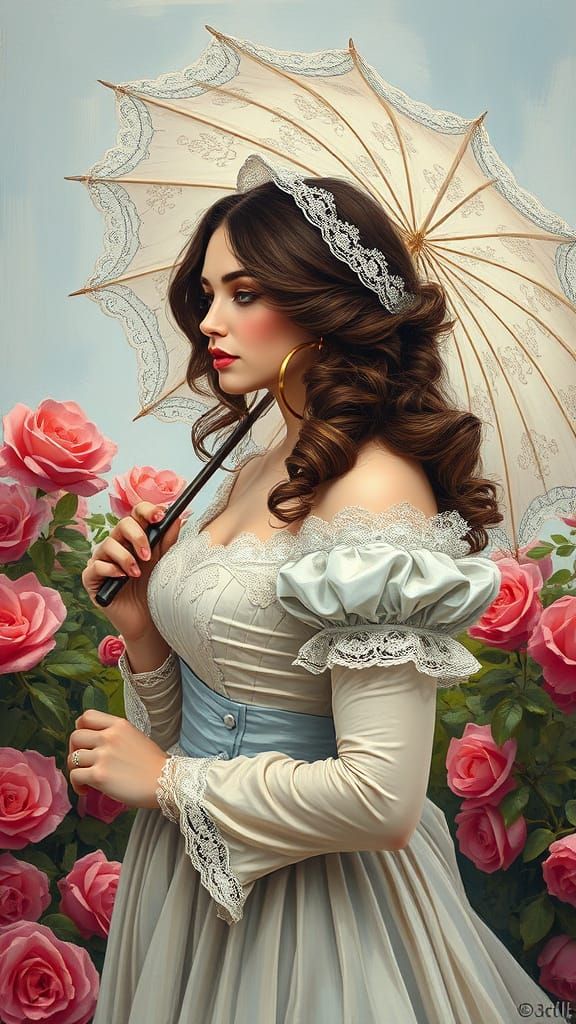 Victorian Woman in Rose Garden: Polychromatic Oil Painting