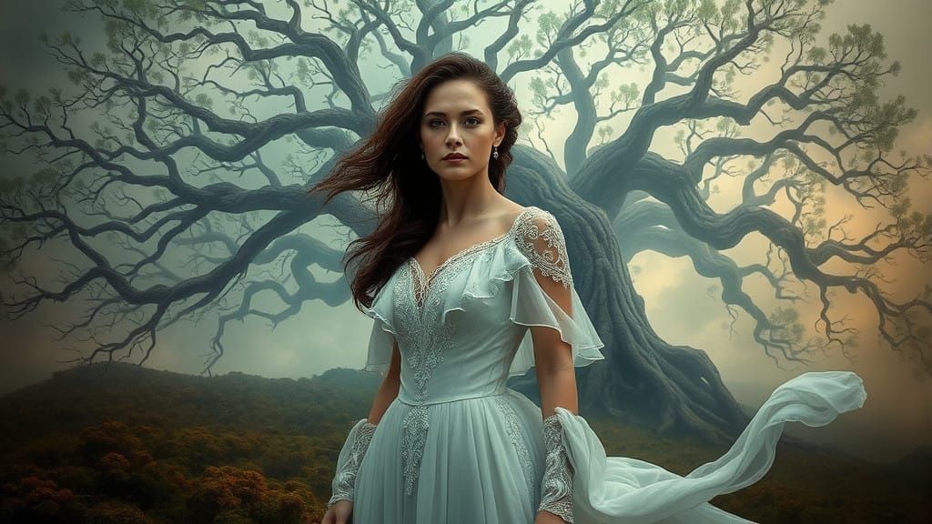 Woman in Contemplation Amidst Ancient Tree in Dreamlike Land...