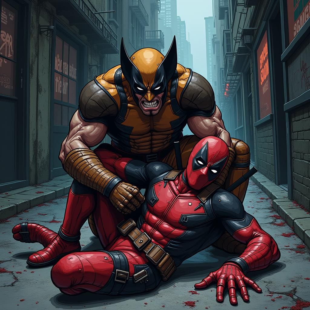 Wolverine and Deadpool in Anime-Style Fight