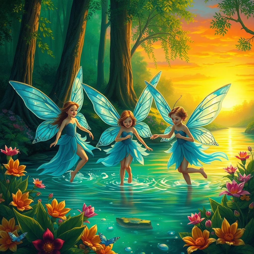 Fairies' Swimming Party in a Sunset Forest