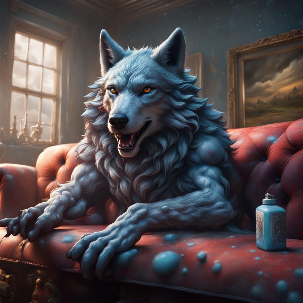 Detailed Wolf Matte Painting on Cloud Couch