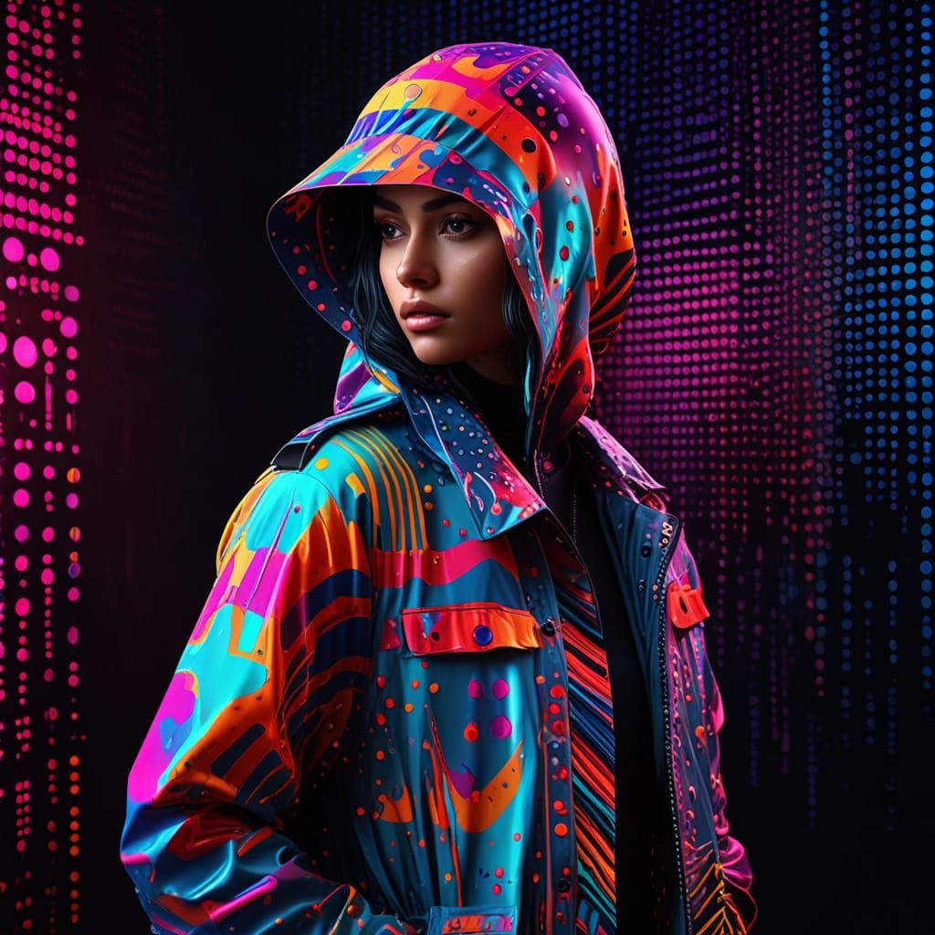 Vigilance blooms amidst neon rain and geometric dreams