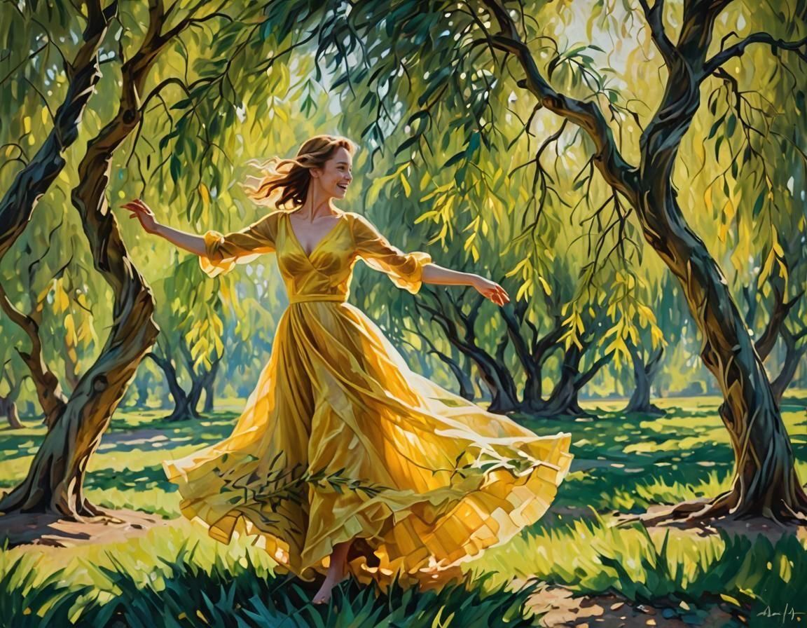 Woman Dancing in Yellow Dress Among Willows