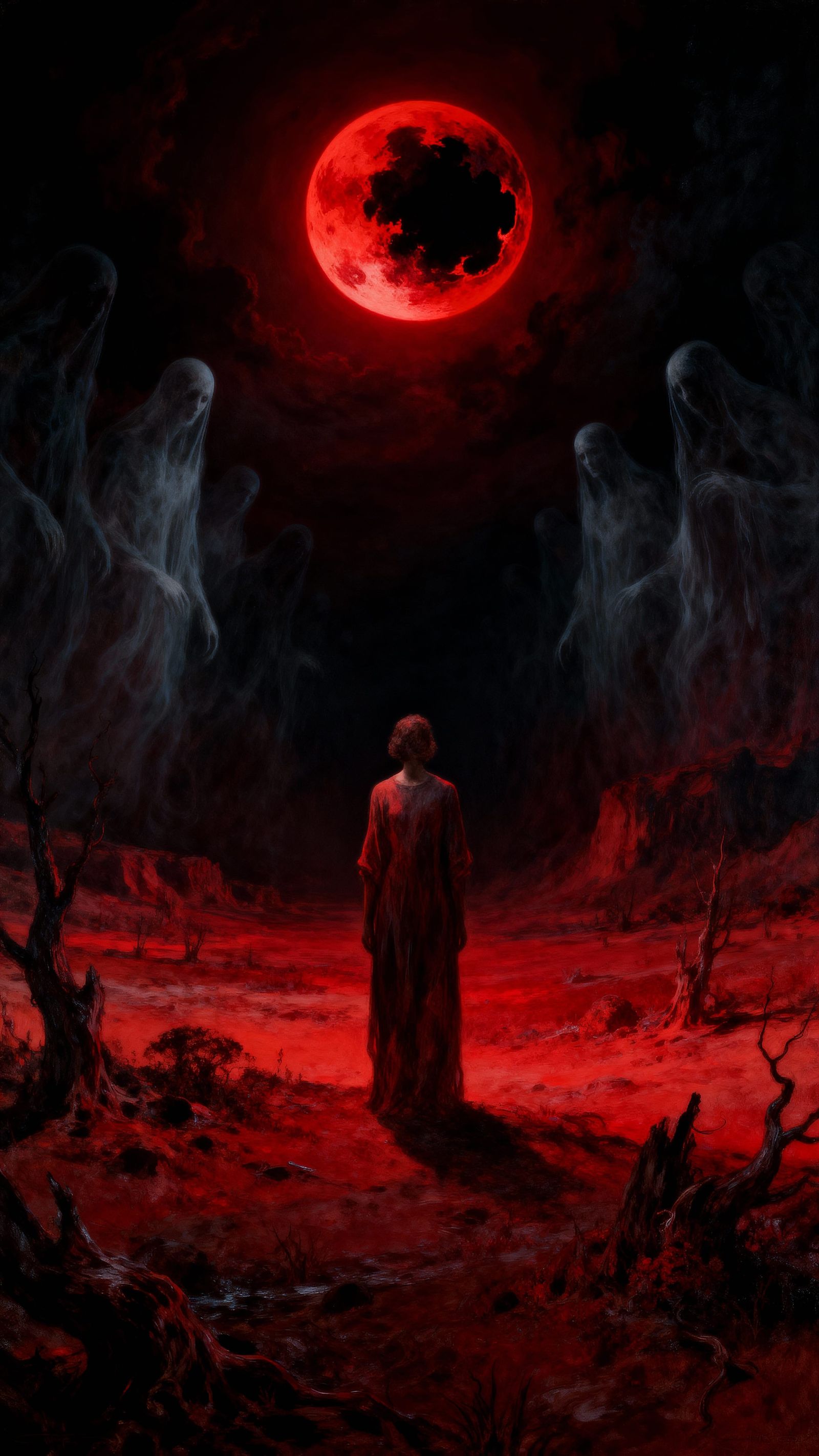 Surreal Figure Under Blood Moon in Apocalyptic Landscape