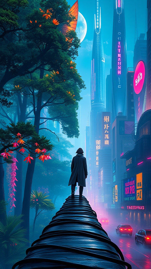 Figure Between Vibrant Forest and Cyberpunk Cityscape