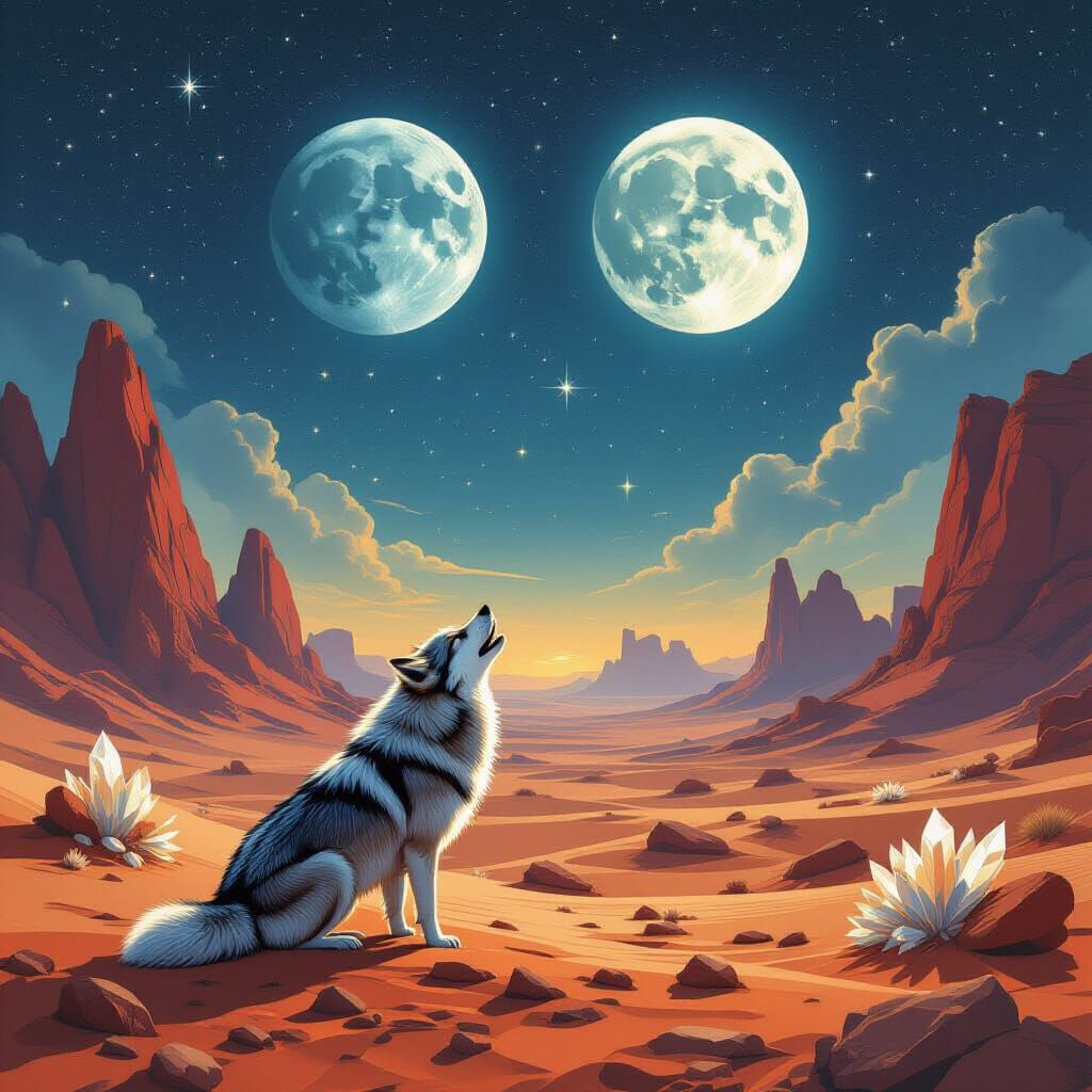Starlight Wolf Howls Under Twin Moons